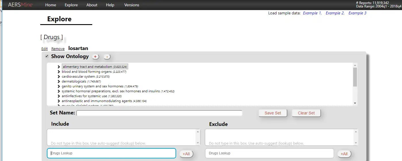 screenshot of the AERSMine search tool