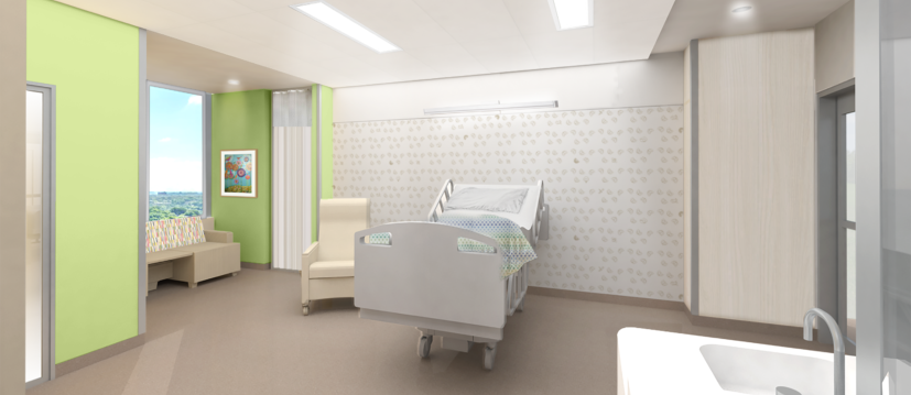 detailed computer rendering showing an empty hospital room with bed, lighting and furniture