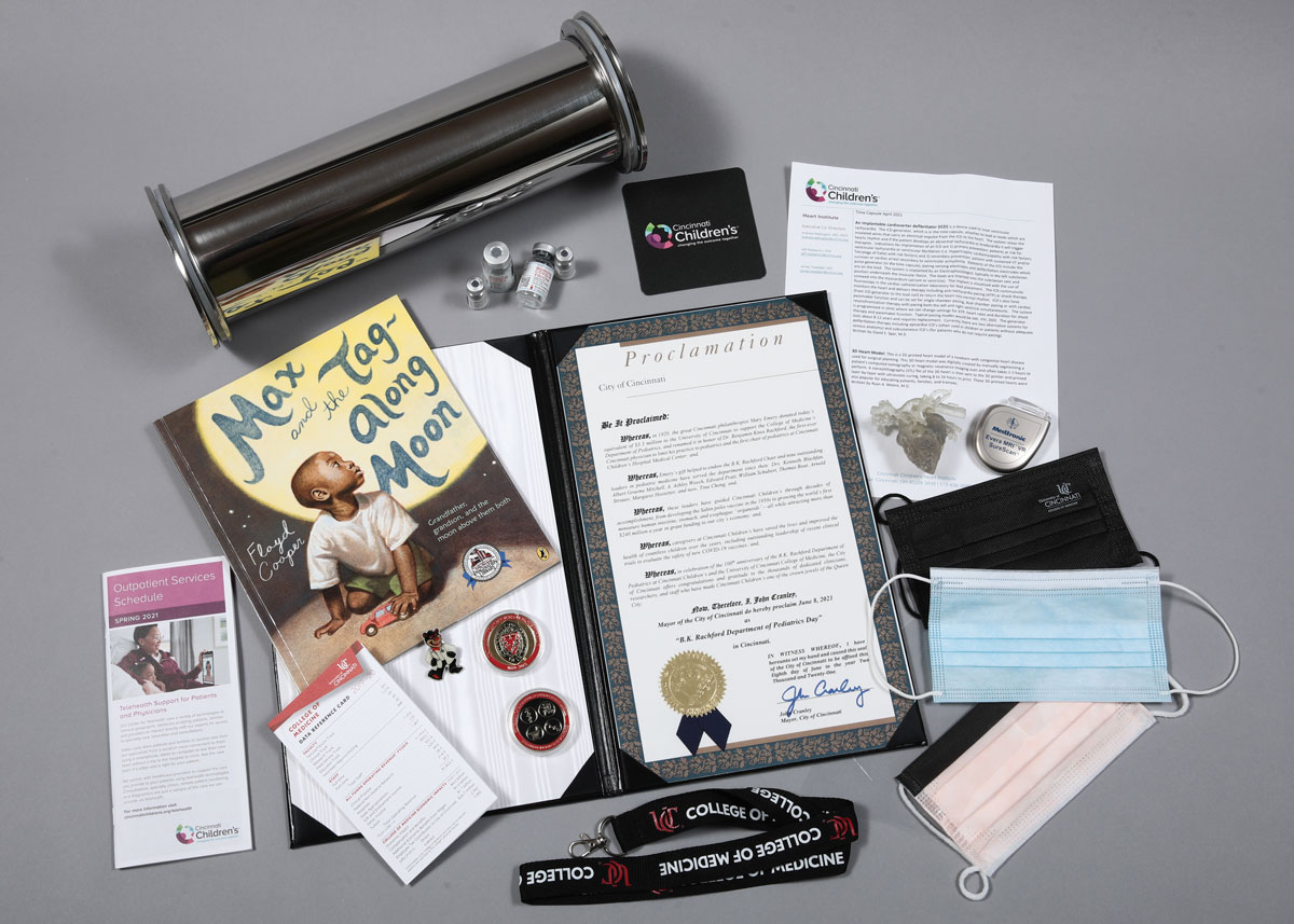Photo depicting a sampling of the various contents included in the 2021 time capsule