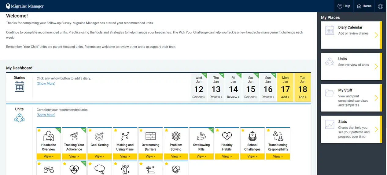 This screenshot depicts the Migraine Manager user interface.