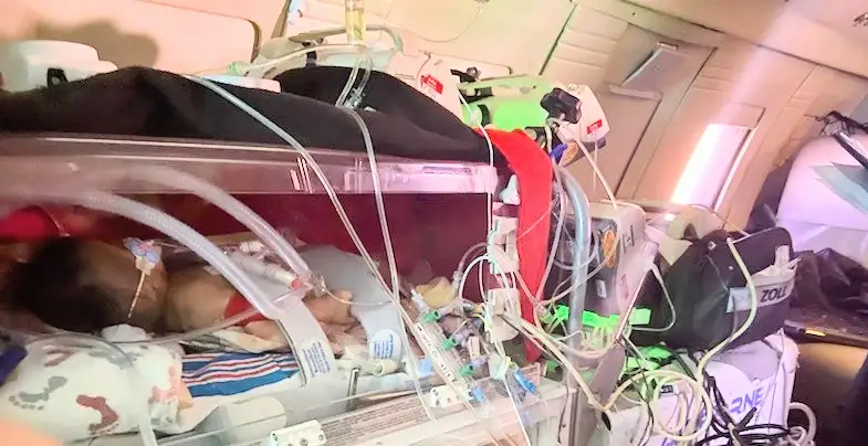 Closer image of Thessa inside a bassinet during her flight to Cincinnati Children's
