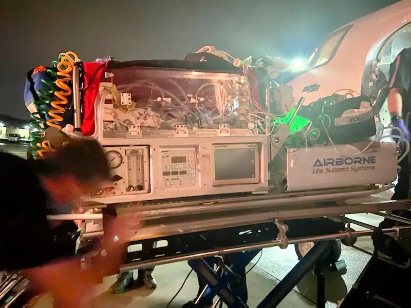 Thessa inside a bassinet along with equipment needed for a medical flight