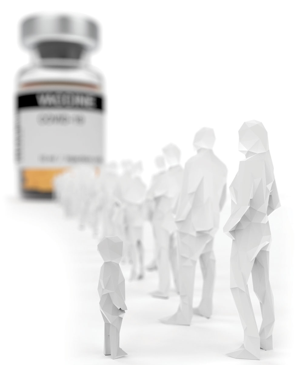 Figures lined up in front of a COVID-19 vaccine vial