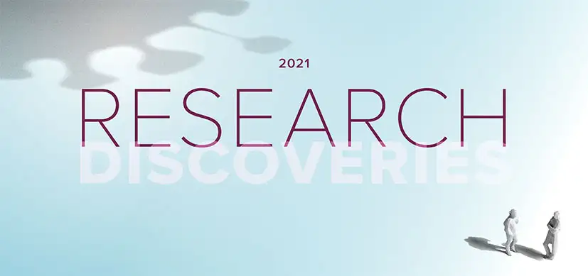 2021 Research Discoveries with molecule image and two people standing talking in corner
