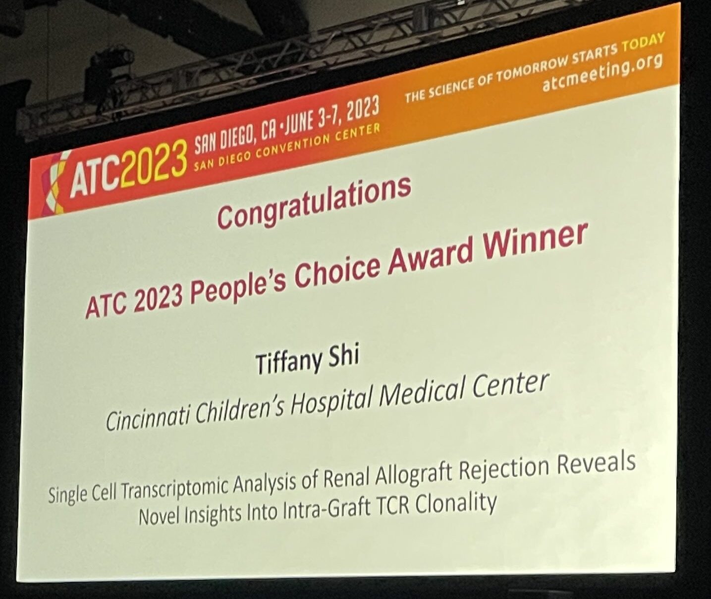 Image of screen projection at ATC 2023 announcing Tiffany Shi as the People's Choice award winner.