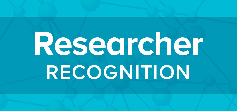 Text that says Researcher Recognition with a subtle molecule illustration in the background overlaid on blue