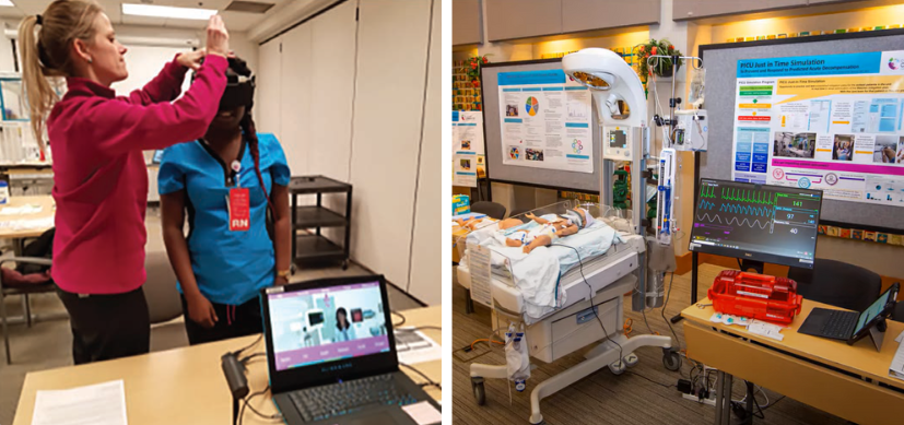 (Left:) A nurse facilitator briefs a learner on the virtual reality experience and fits the headset. (Right:) The PICU's display at Cincinnati Children's 2023 Improvement Expo