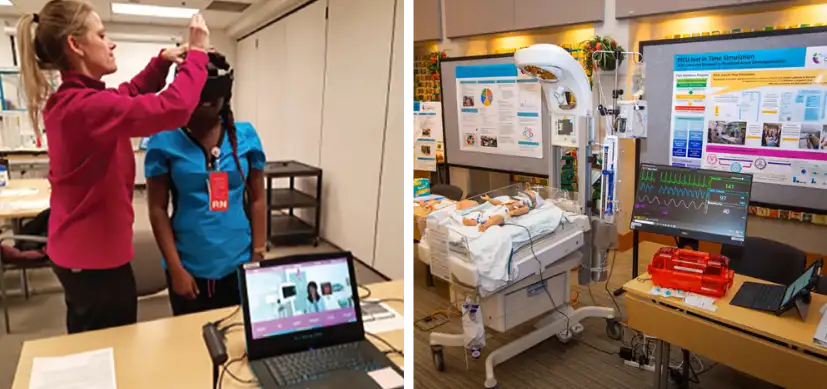 (Left:) A nurse facilitator briefs a learner on the virtual reality experience and fits the headset. (Right:) The PICU's display at Cincinnati Children's 2023 Improvement Expo
