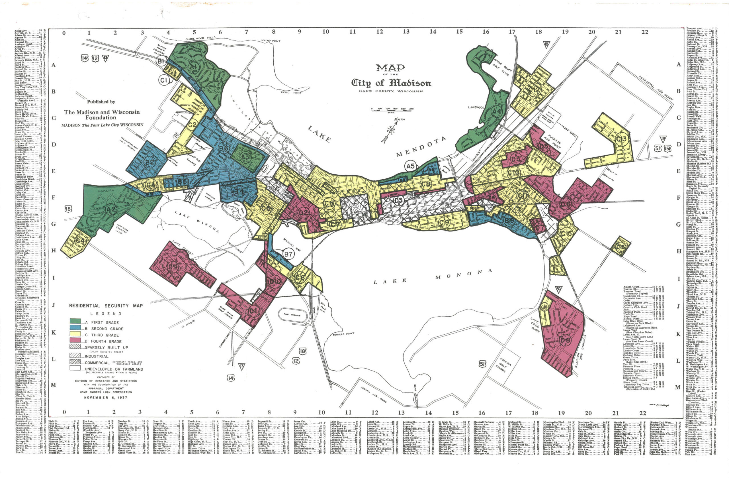 Map from the Home Owners’ Loan Corporation divides the city into color-coded areas.