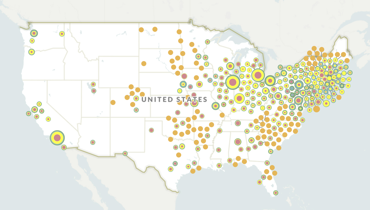 Map illustrates locations of US cities affected by surveys conducted by the Home Owners’ Loan Corporation