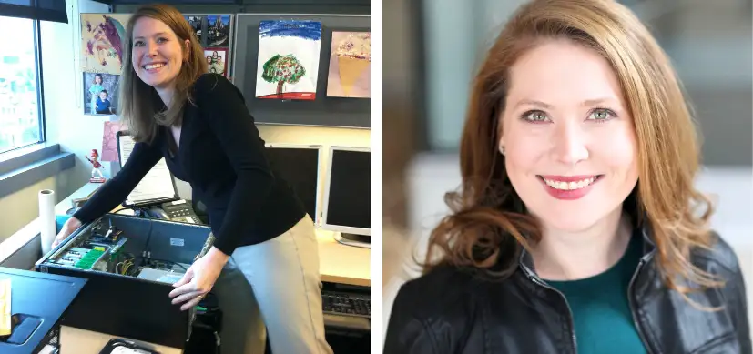 photo of Leah Kottyan as a Cincinnati Children's postdoc and now as a faculty member